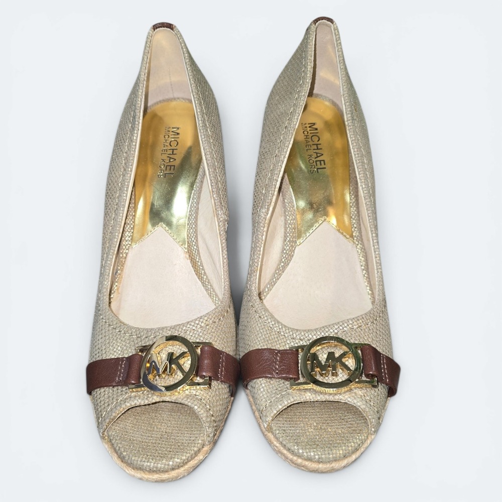 Michael Kors Gold Metallic Peep Toe Wedge Heels MK Logo Medallion Size 9M